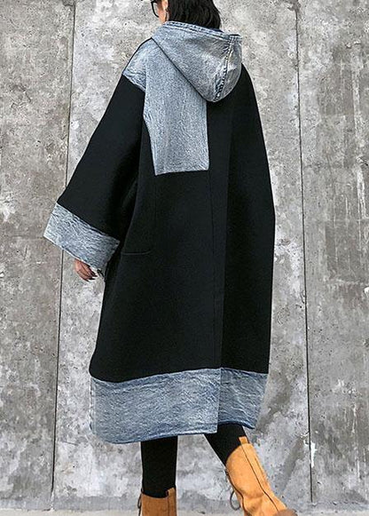 Unique Black Cotton Tunics Hooded Pockets Cotton Dress