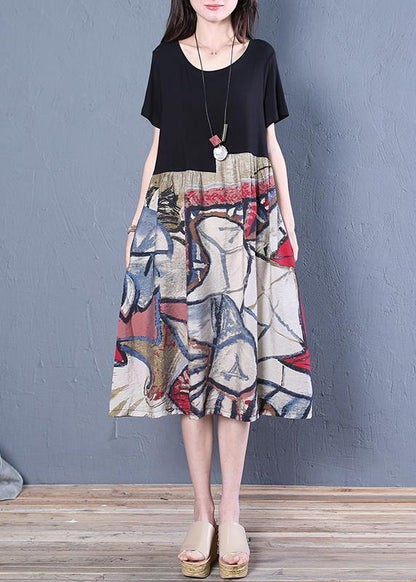 Unique Black Cotton Tunic Pattern O Neck Patchwork Midi Dresses