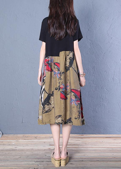 Unique Black Cotton Tunic Pattern O Neck Patchwork Midi Dresses