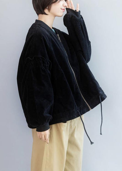 Unique Black Tunic Coat Wardrobes Drawstring Hem Ruffles Outwear