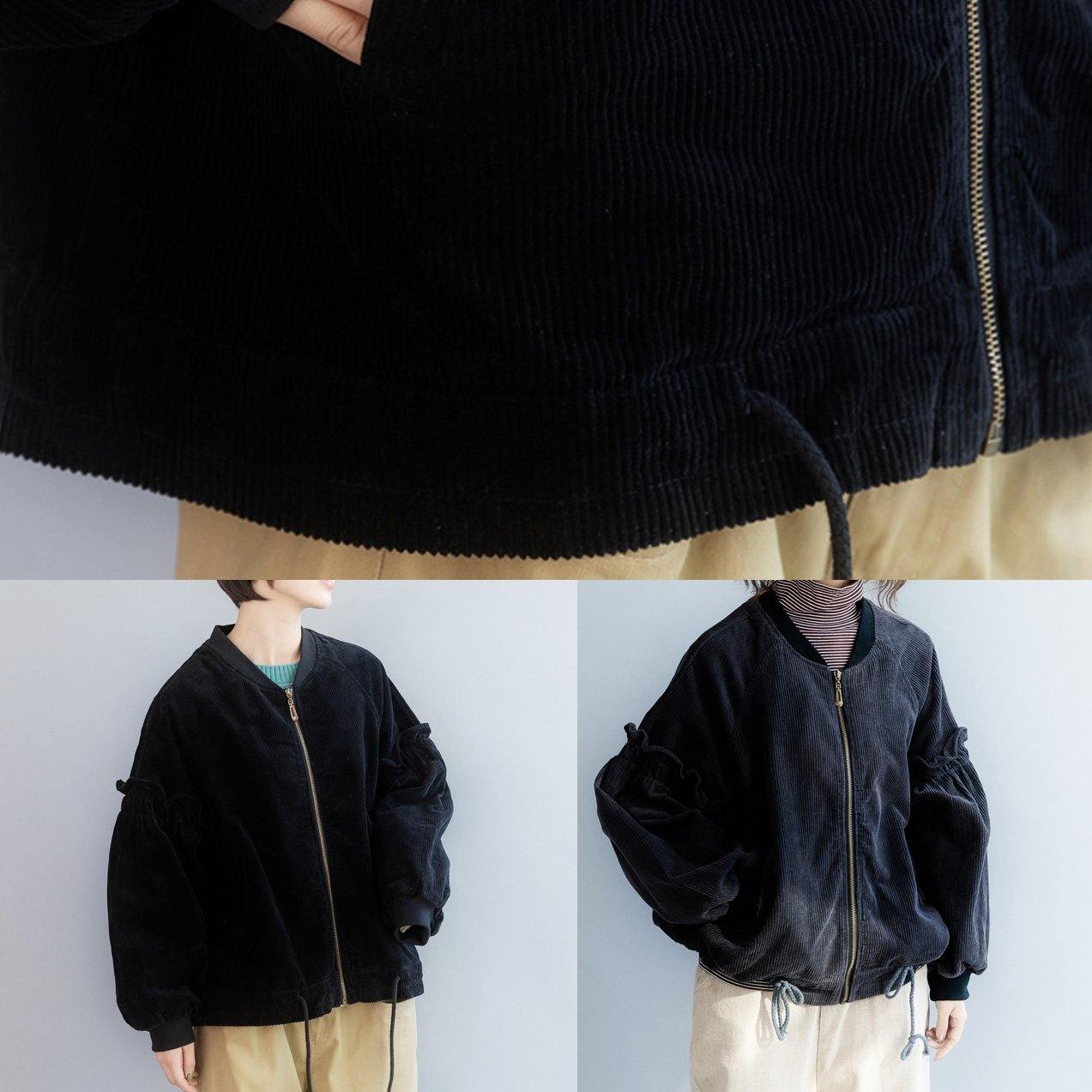 Unique Black Tunic Coat Wardrobes Drawstring Hem Ruffles Outwear