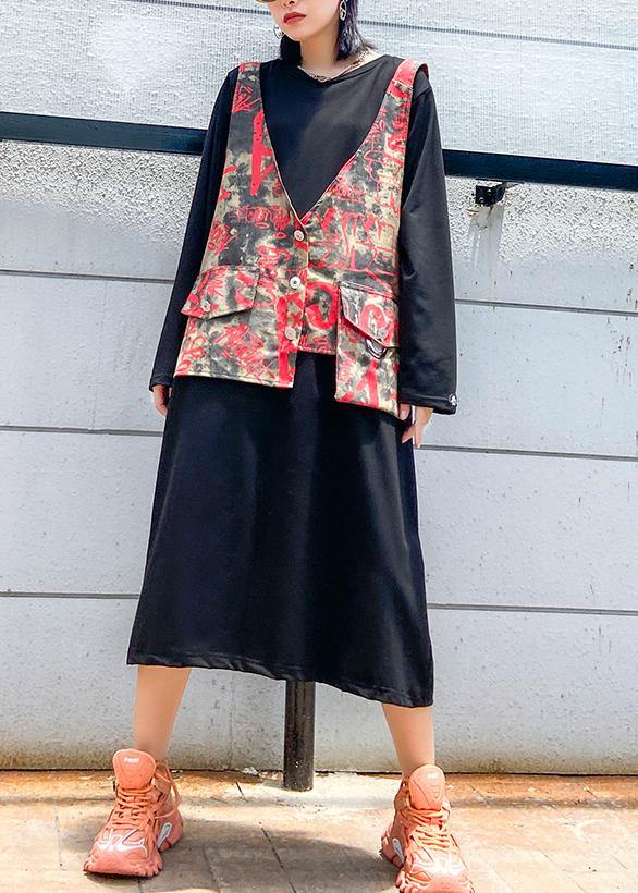 Unique Black Letter Clothes O Neck Two Pieces Long Dress