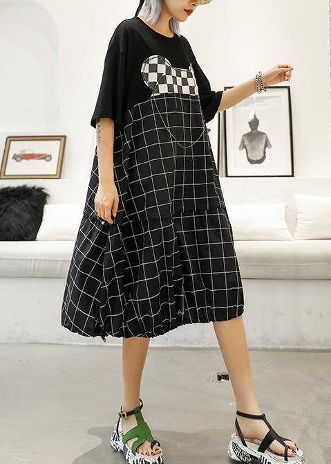 Unique Black Plaid Cotton Wardrobes Patchwork O Neck Art Summer Dresses