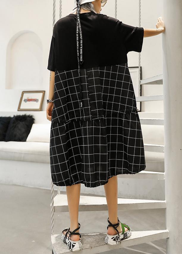 Unique Black Plaid Cotton Wardrobes Patchwork O Neck Art Summer Dresses