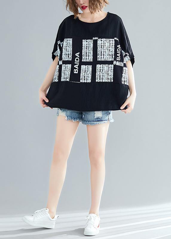 Unique Black Plaid Cotton Blouse Organic Inspiration O Neck Batwing Sleeve Summer Blouse