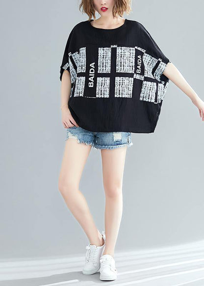 Unique Black Plaid Cotton Blouse Organic Inspiration O Neck Batwing Sleeve Summer Blouse