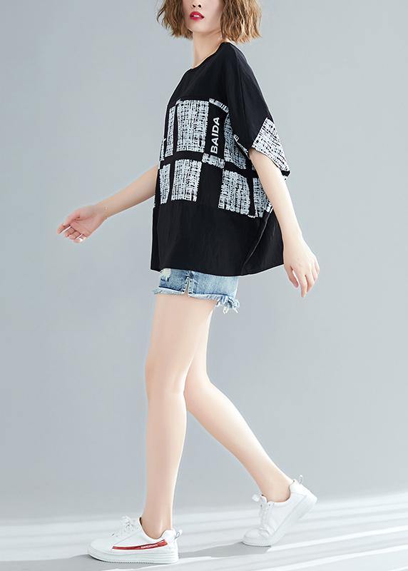 Unique Black Plaid Cotton Blouse Organic Inspiration O Neck Batwing Sleeve Summer Blouse