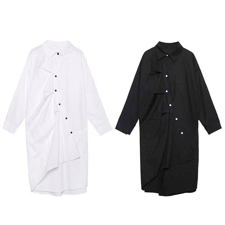 Unique Black Cotton Tunics Asymmetric Cotton Robes Spring Dress