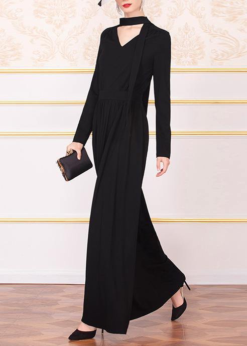 Unique Black Cotton Clothes V Neck Dresses