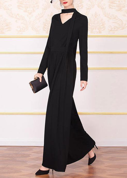 Unique Black Cotton Clothes V Neck Dresses