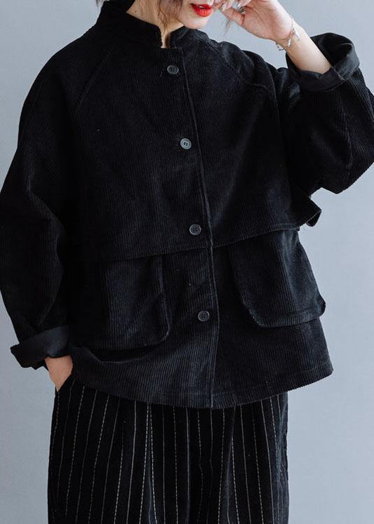 Unique Black Cotton Coat Stand Collar Pockets Cotton Fall Shirts