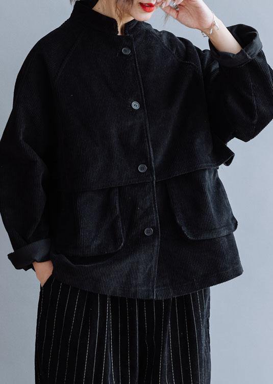 Unique Black Cotton Coat Stand Collar Pockets Cotton Fall Shirts