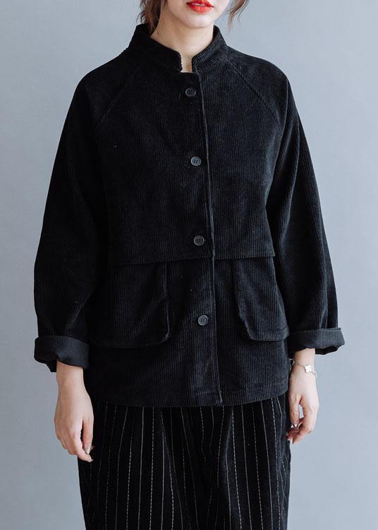Unique Black Cotton Coat Stand Collar Pockets Cotton Fall Shirts