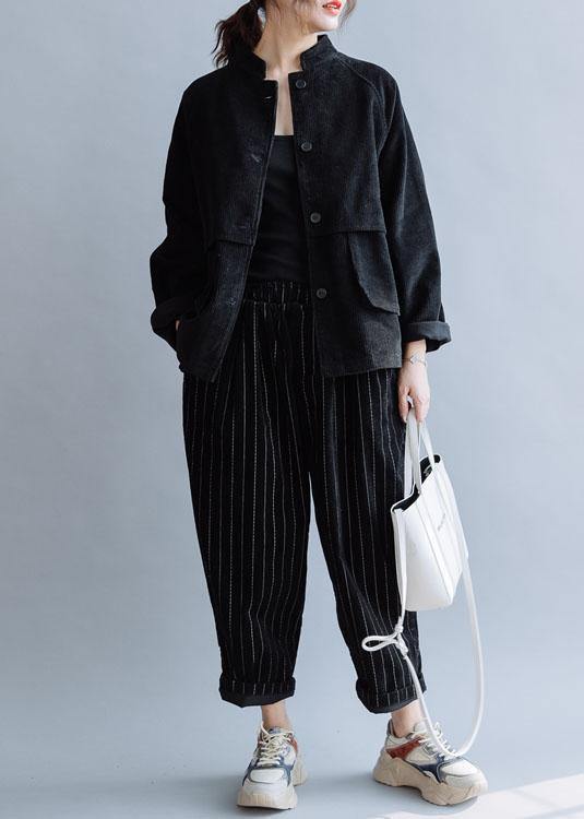 Unique Black Cotton Coat Stand Collar Pockets Cotton Fall Shirts