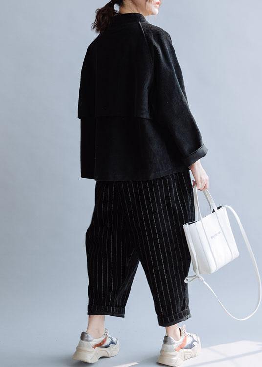 Unique Black Cotton Coat Stand Collar Pockets Cotton Fall Shirts