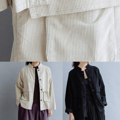 Unique Black Cotton Coat Stand Collar Pockets Cotton Fall Shirts