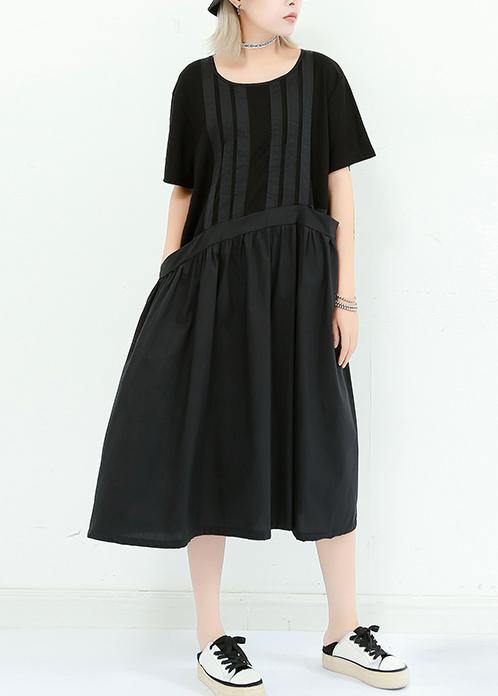 Unique Black Cotton Dresses O Neck Patchwork Cotton Summer Dress