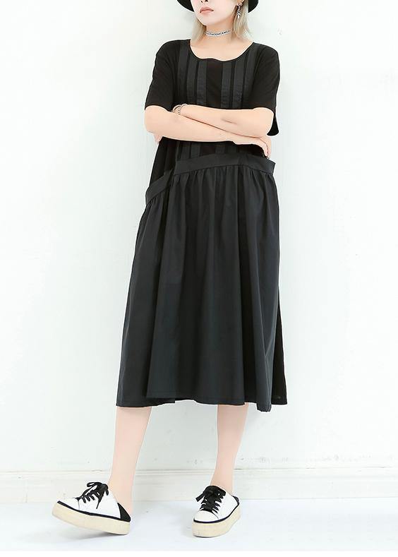 Unique Black Cotton Dresses O Neck Patchwork Cotton Summer Dress