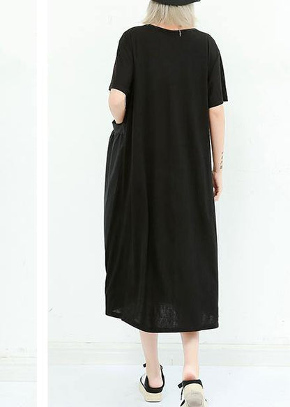 Unique Black Cotton Dresses O Neck Patchwork Cotton Summer Dress