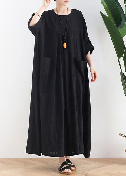 Unique Black Cotton Quilting Dresses O Neck Batwing Sleeve a Line Summer Dress