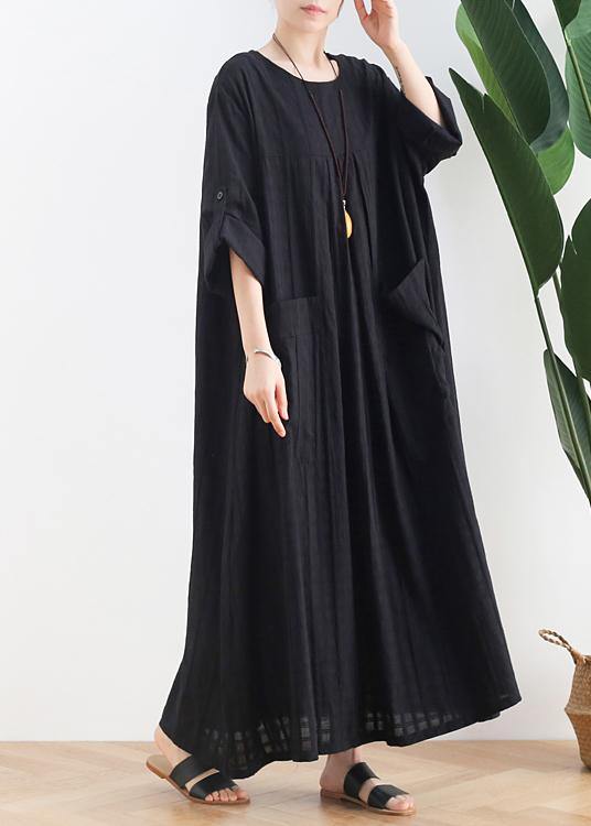 Unique Black Cotton Quilting Dresses O Neck Batwing Sleeve a Line Summer Dress