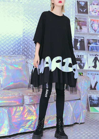 Unique Black Cotton Tunic Pattern Gray Alphabet Prints Baggy Summer Tops