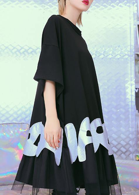 Unique Black Cotton Tunic Pattern Gray Alphabet Prints Baggy Summer Tops