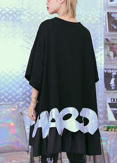 Unique Black Cotton Tunic Pattern Gray Alphabet Prints Baggy Summer Tops
