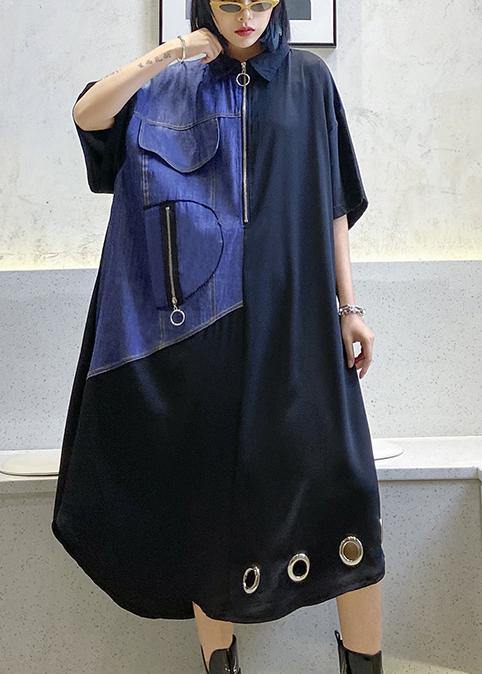 Unique Black Cotton Tunics for Lapel Patchwork Maxi Dress