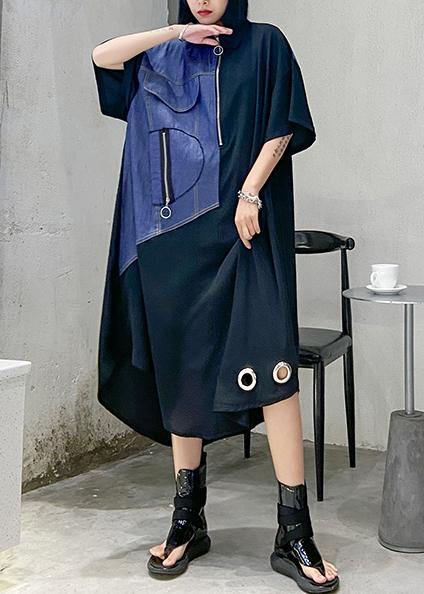 Unique Black Cotton Tunics for Lapel Patchwork Maxi Dress