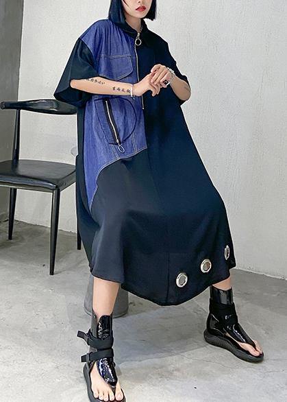 Unique Black Cotton Tunics for Lapel Patchwork Maxi Dress
