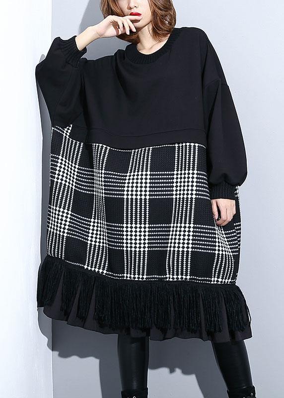 Unique Black Patchwork Cotton Long Shirts Tassel a Line Fall Dresses