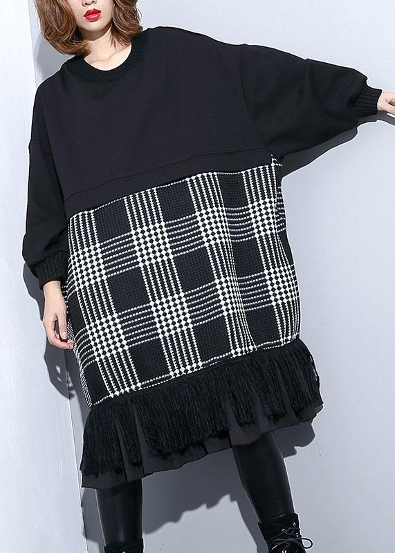 Unique Black Patchwork Cotton Long Shirts Tassel a Line Fall Dresses