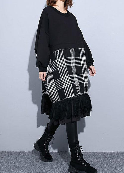 Unique Black Patchwork Cotton Long Shirts Tassel a Line Fall Dresses