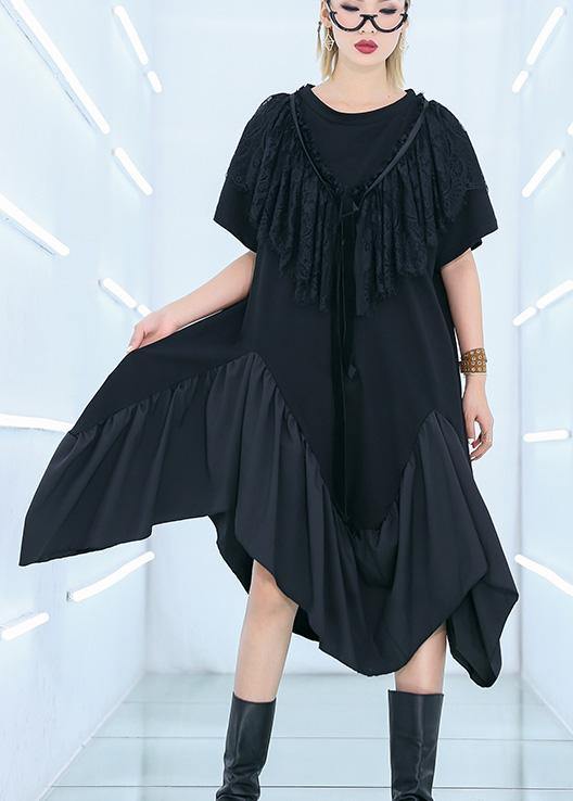Unique Black Patchwork Cotton Tunics Half Sleeve Cotton Summer Dresses