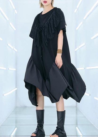 Unique Black Patchwork Cotton Tunics Half Sleeve Cotton Summer Dresses