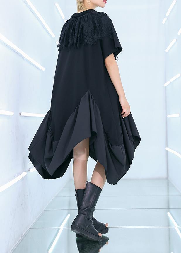 Unique Black Patchwork Cotton Tunics Half Sleeve Cotton Summer Dresses