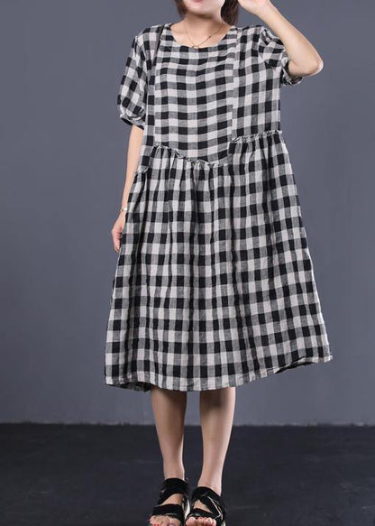 Unique Black Plaid Cotton Tunics Ruffles Patchwork Summer Dresses