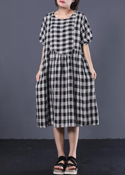 Unique Black Plaid Cotton Tunics Ruffles Patchwork Summer Dresses