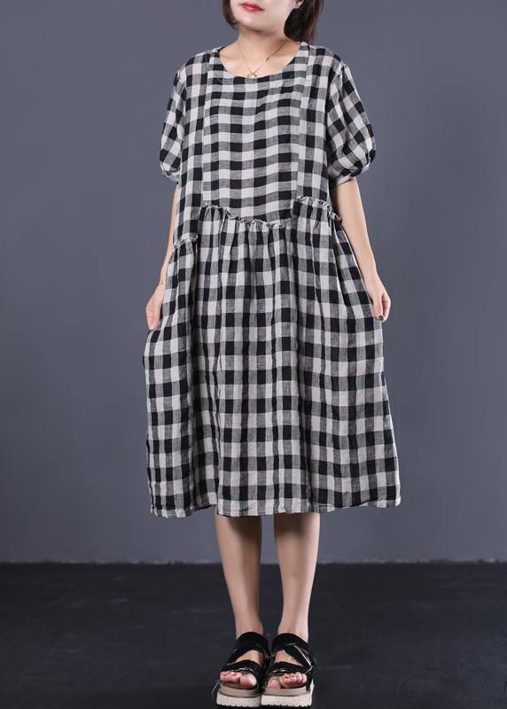 Unique Black Plaid Cotton Tunics Ruffles Patchwork Summer Dresses