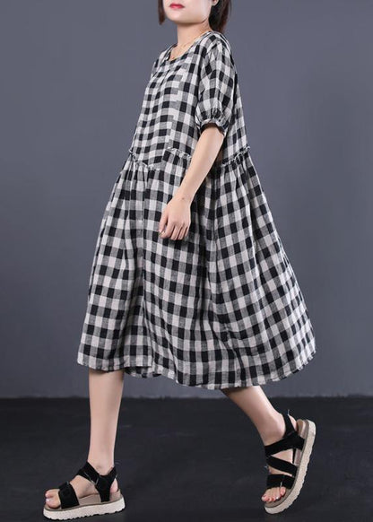 Unique Black Plaid Cotton Tunics Ruffles Patchwork Summer Dresses