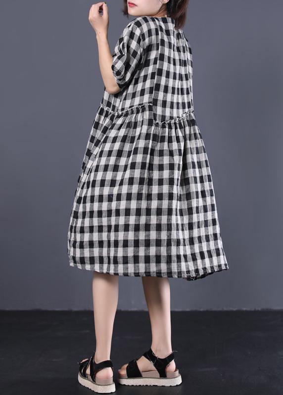 Unique Black Plaid Cotton Tunics Ruffles Patchwork Summer Dresses