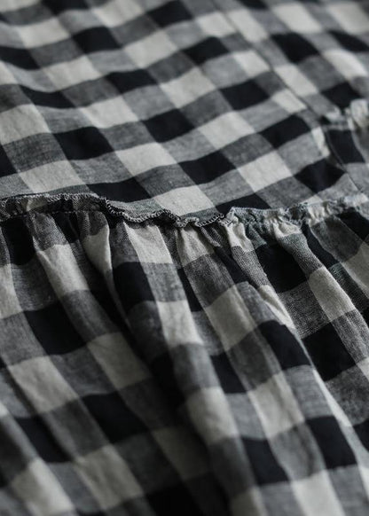 Unique Black Plaid Cotton Tunics Ruffles Patchwork Summer Dresses