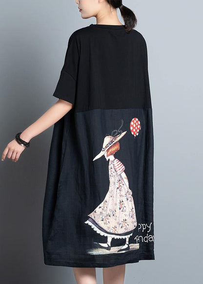 Unique Black Print Dress O Neck Patchwork a Line Summer Dresses