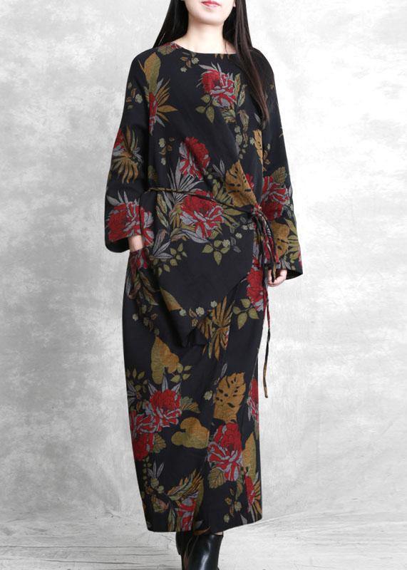Unique Black Print Tunics for O Neck Asymmetric Dresses