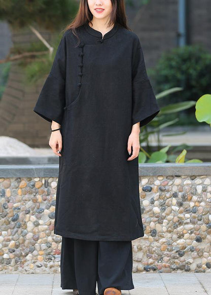 Unique Black Tunic Pattern Stand Collar Half Sleeve Art Dress