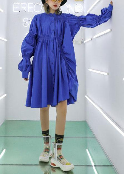Unique Blue Cotton Clothes Cinched Short Fall Shirt Dress