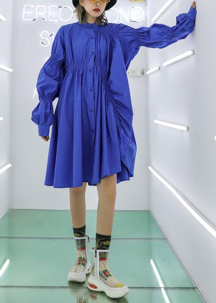 Unique Blue Cotton Clothes Cinched Short Fall Shirt Dress