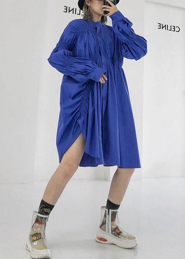 Unique Blue Cotton Clothes Cinched Short Fall Shirt Dress