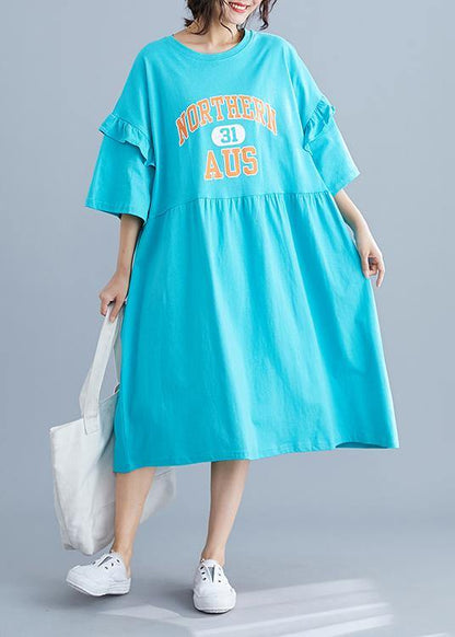Unique Blue Alphabet Prints Cotton Long Shirts Ruffles Sleeve Maxi Summer Dresses
